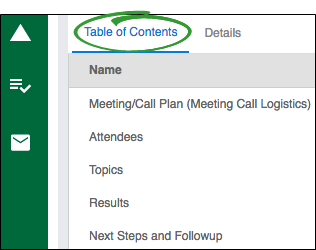 Call Plan Table of Contents